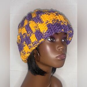 Crochet handmade fold brim hat adult unisexj gold purple